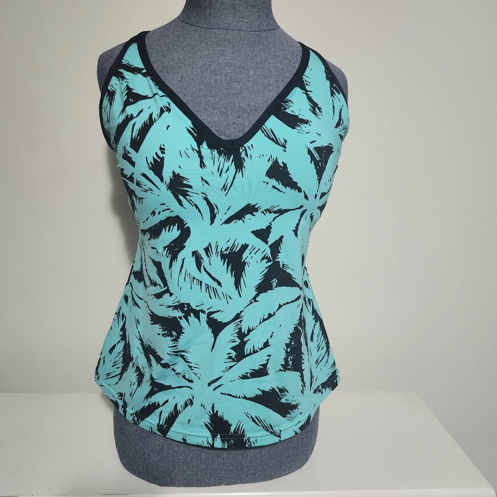Jag Aqua and Black Leaf Print Tank Top